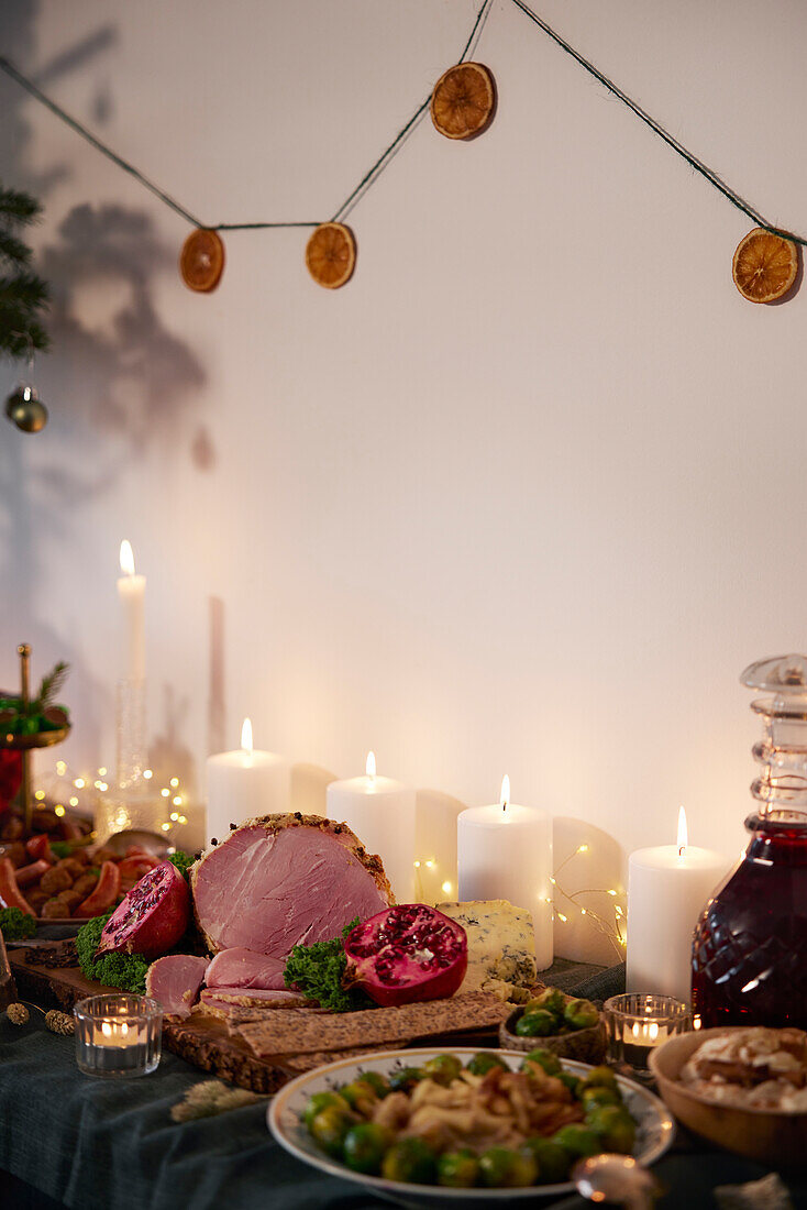 Christmas food and decoration on table