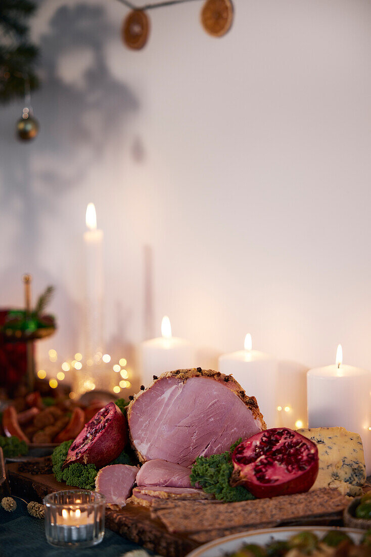 Christmas food and decoration on table