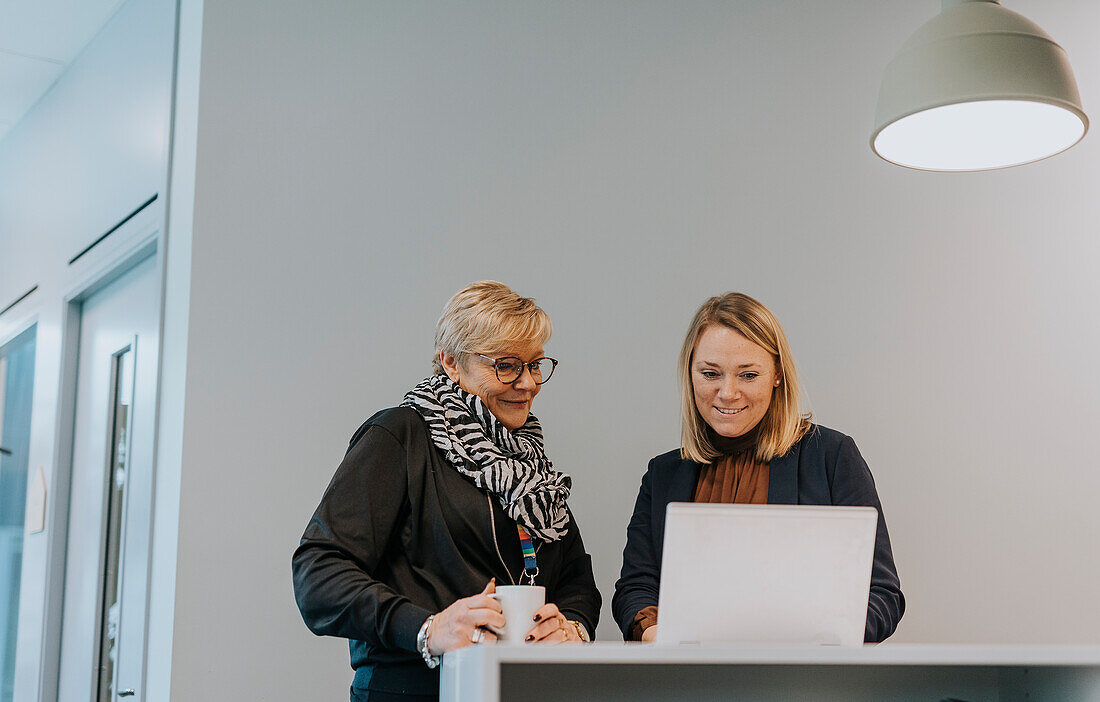 Smiling women using laptop in office