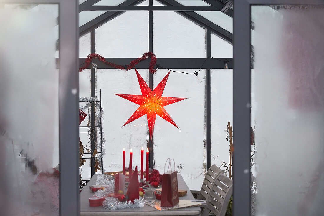 Roter Weihnachtsstern und Dekoration auf dem Tisch