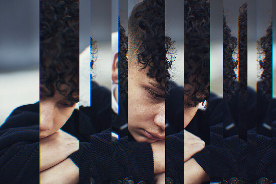 Digital composite of pensive boy
