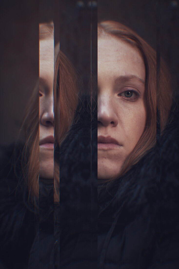 Digital composite of portrait of pensive woman