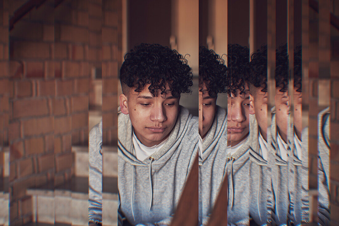 Digital composite of pensive boy
