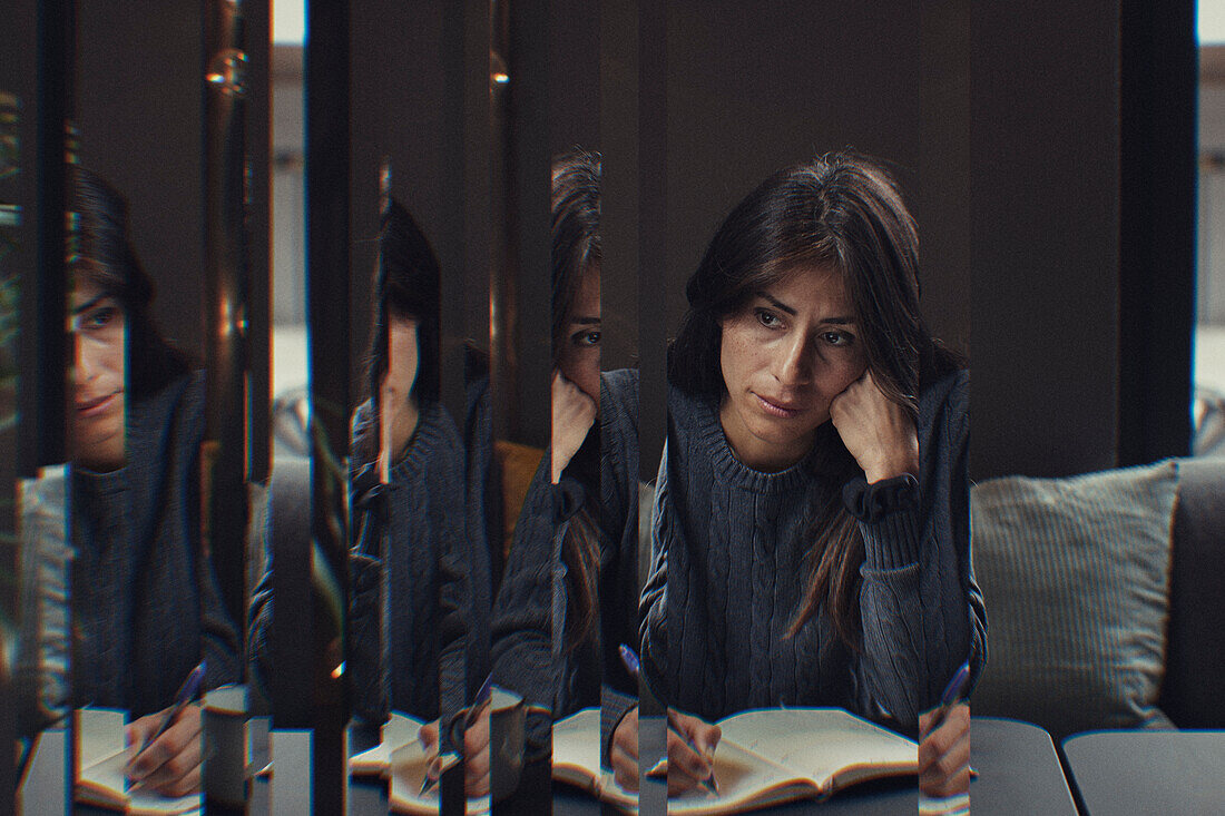Digital composite of pensive woman writing in journal