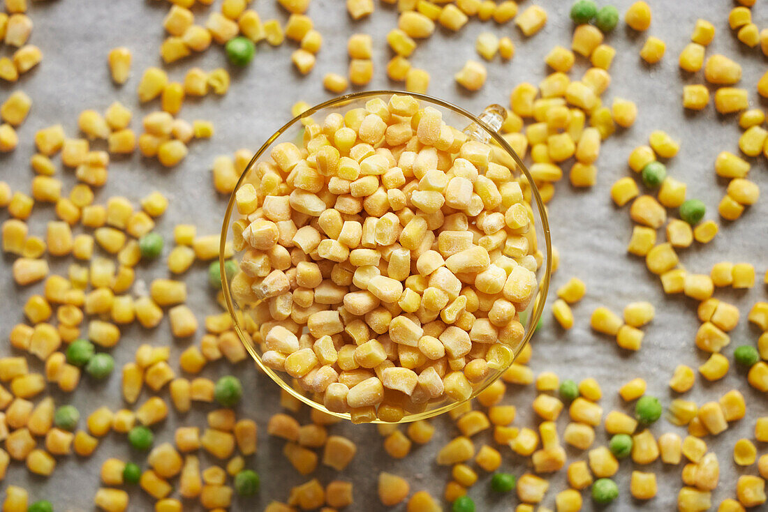 Frozen corn in glass bowl