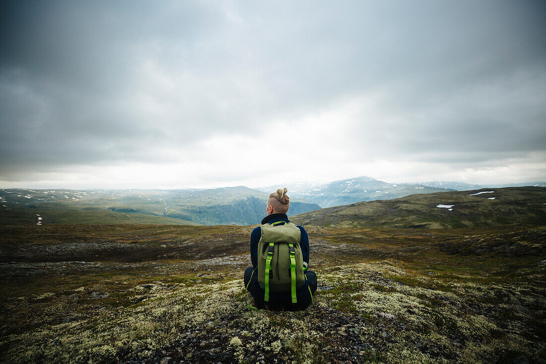 Rear view of hiker in mountains