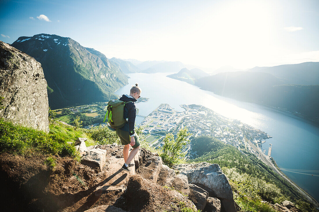 View of female hiker at summer