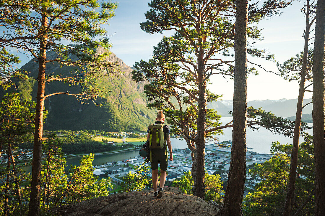 View of female hiker at summer