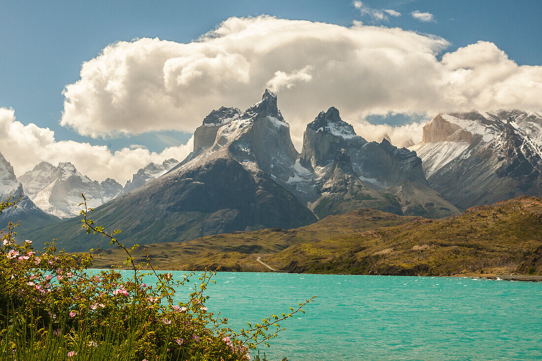 Chile, Patagonia. Lake Pehoe and The Horns mountains