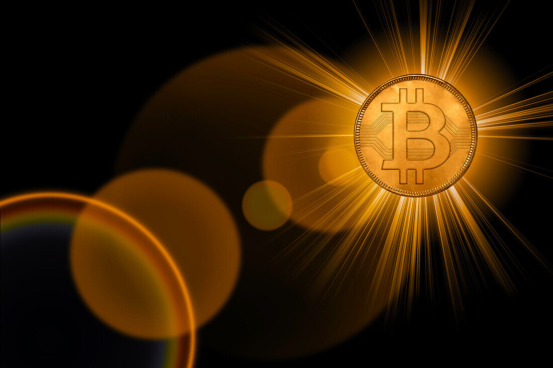 Golden glowing bitcoin, cgi