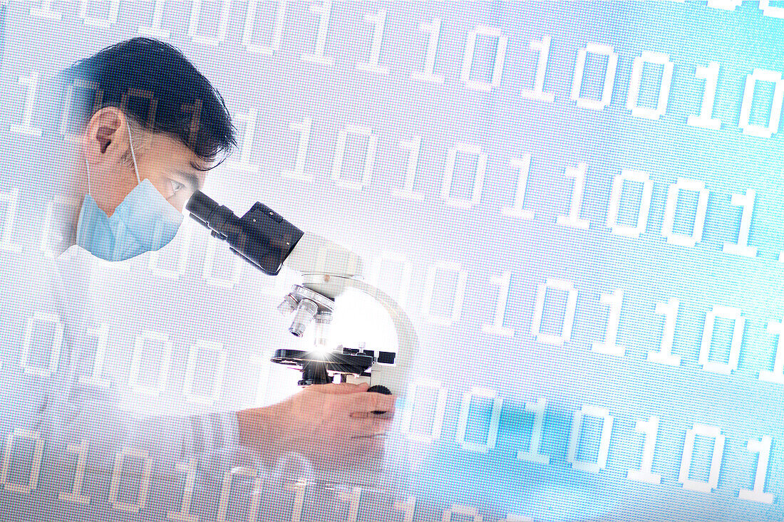 Lab technician in face mask looking through microscope against backdrop of binary code