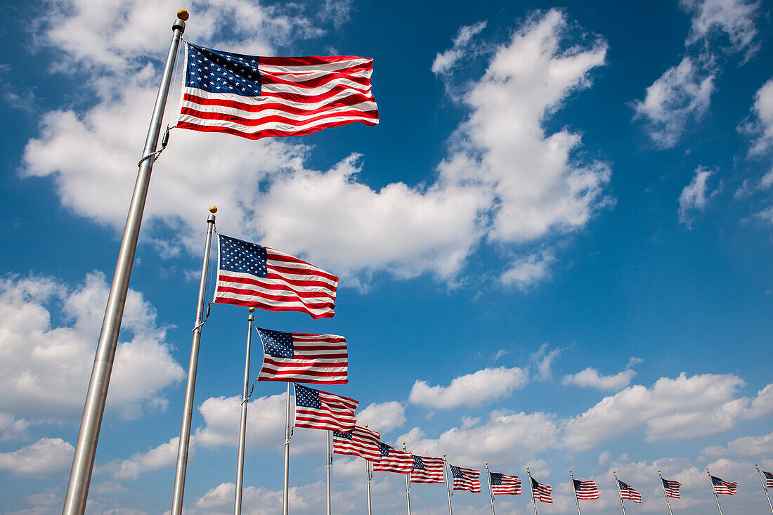 USA, Washington D.C., Row of American flags around Washington Monument