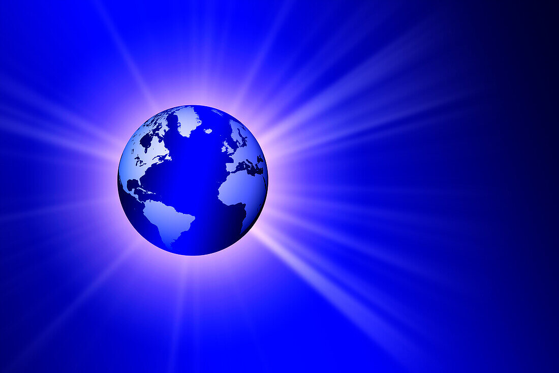 Globus auf blauem Hintergrund mit Lichtblitz