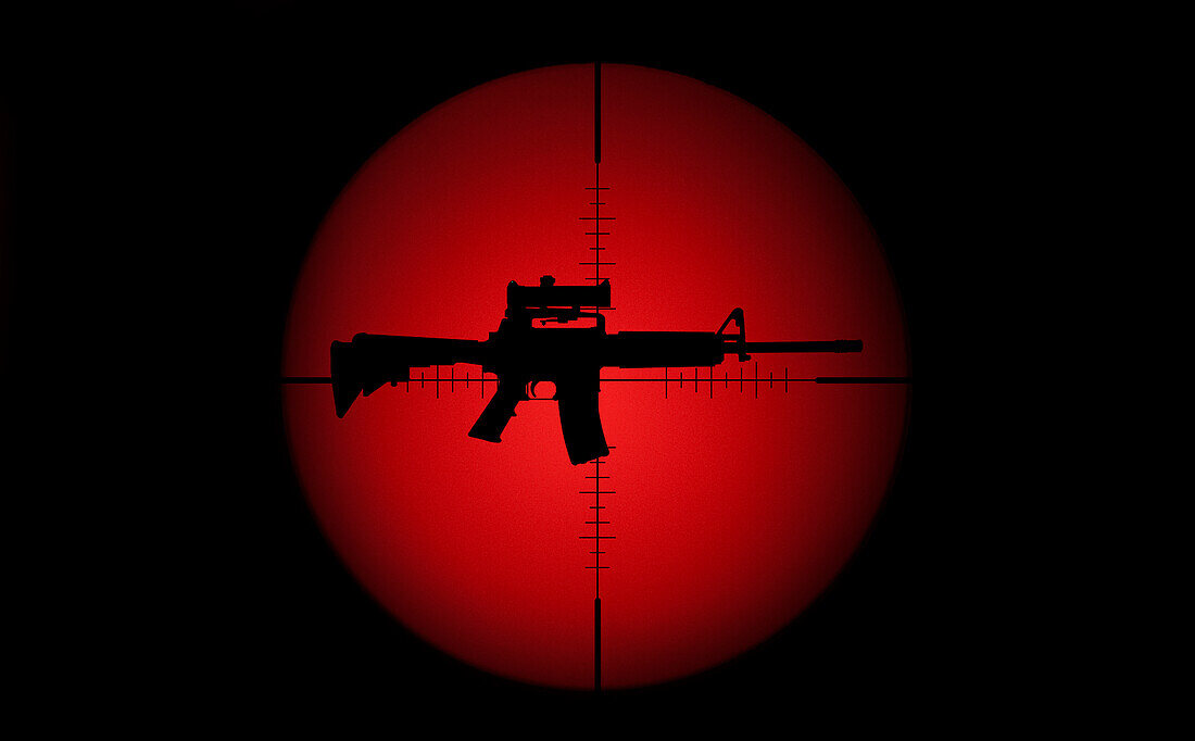 Target crosshair with AR-15 rifle against red and black background