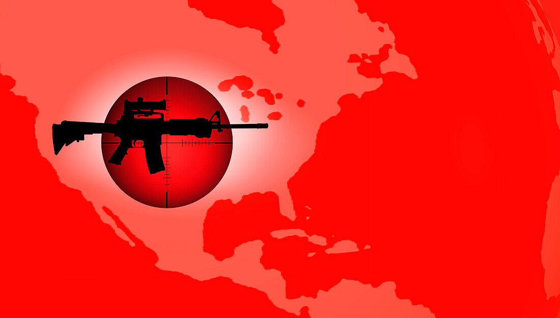 Target crosshair with AR-15 rifle against map of the USA and red background