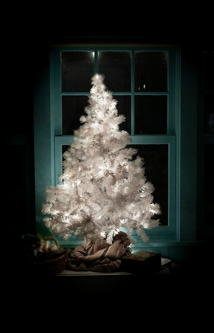 Illuminated white Christmas tree in front of home window at night