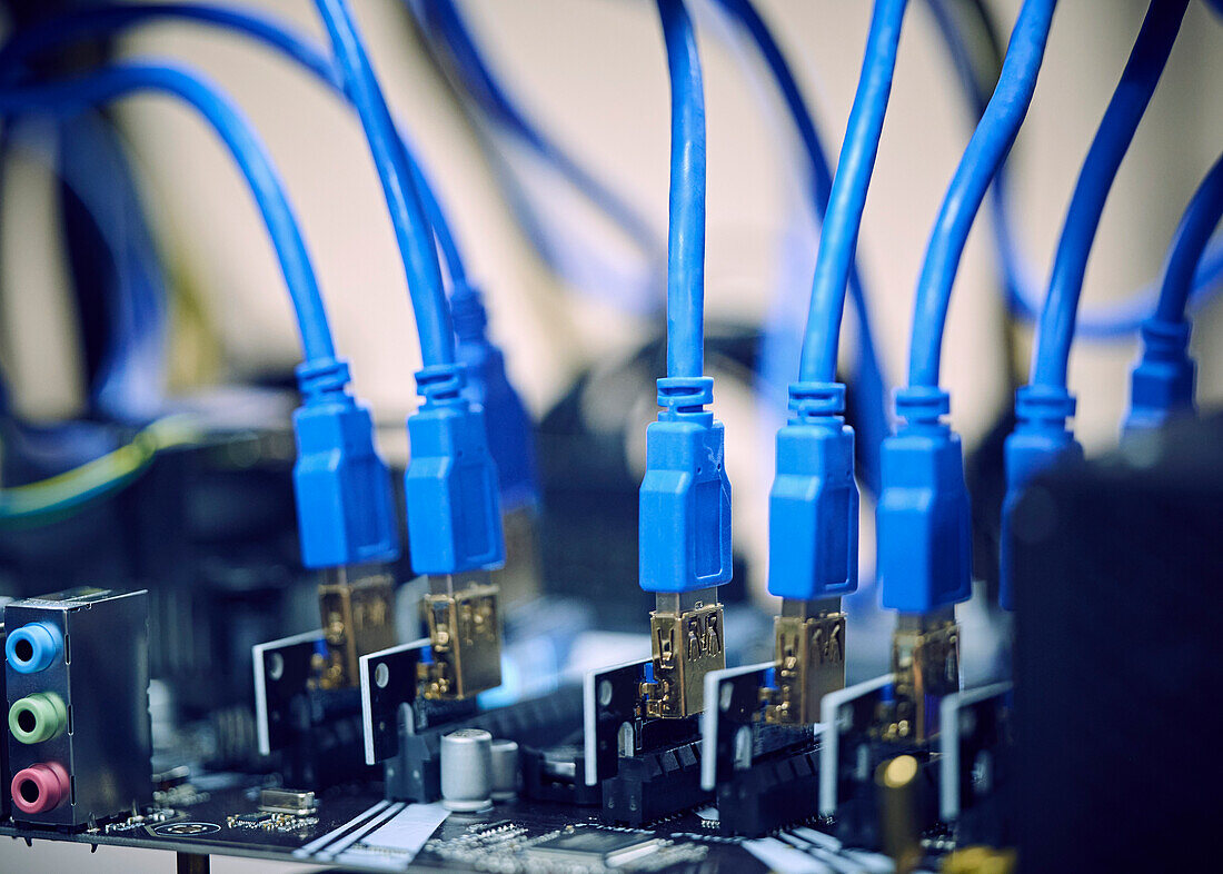 Close-up of computer cables in server room