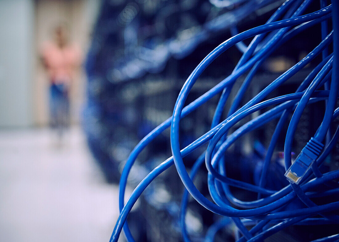 Close-up of computer cables in server room