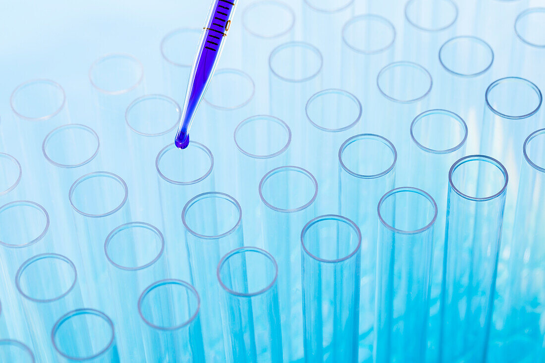 Blue liquid in pipette and test tubes