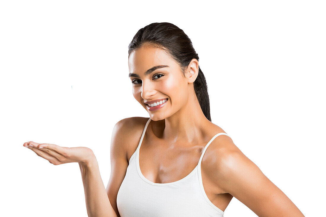 Portrait of smiling woman with cupped hand 