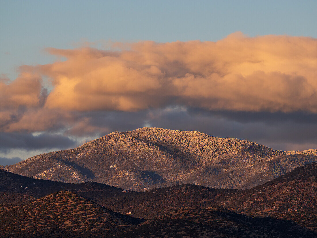 United States, New Mexico, Santa Fe, Light snow on Sangre se Cristo Mountains