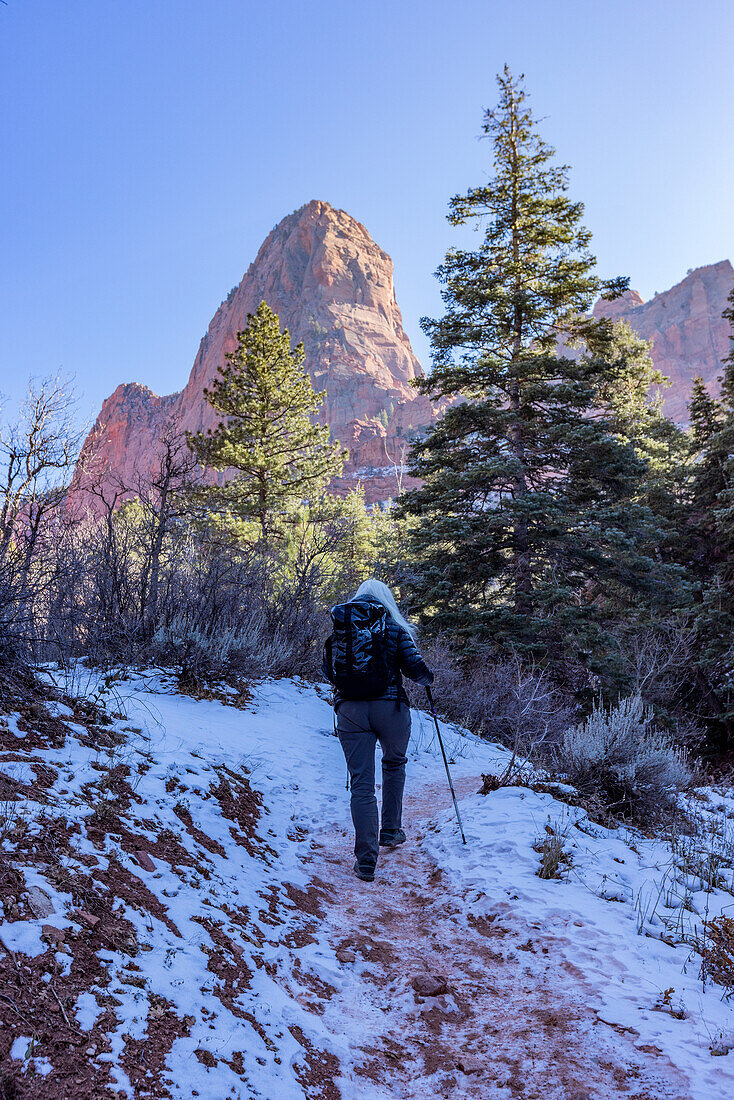 United States, Utah, Zion National Park, Senior blonde woman hiking