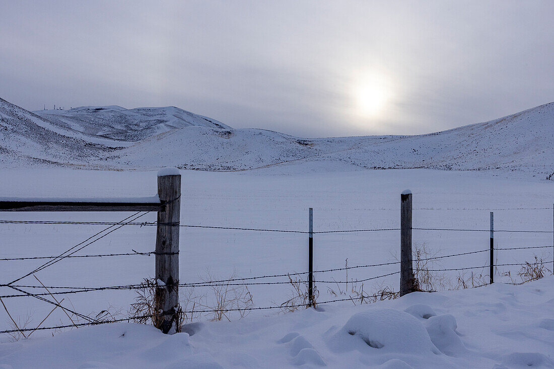 Vereinigte Staaten, Idaho, Bellevue, Schneebedecktes ländliches Land mit Zaun