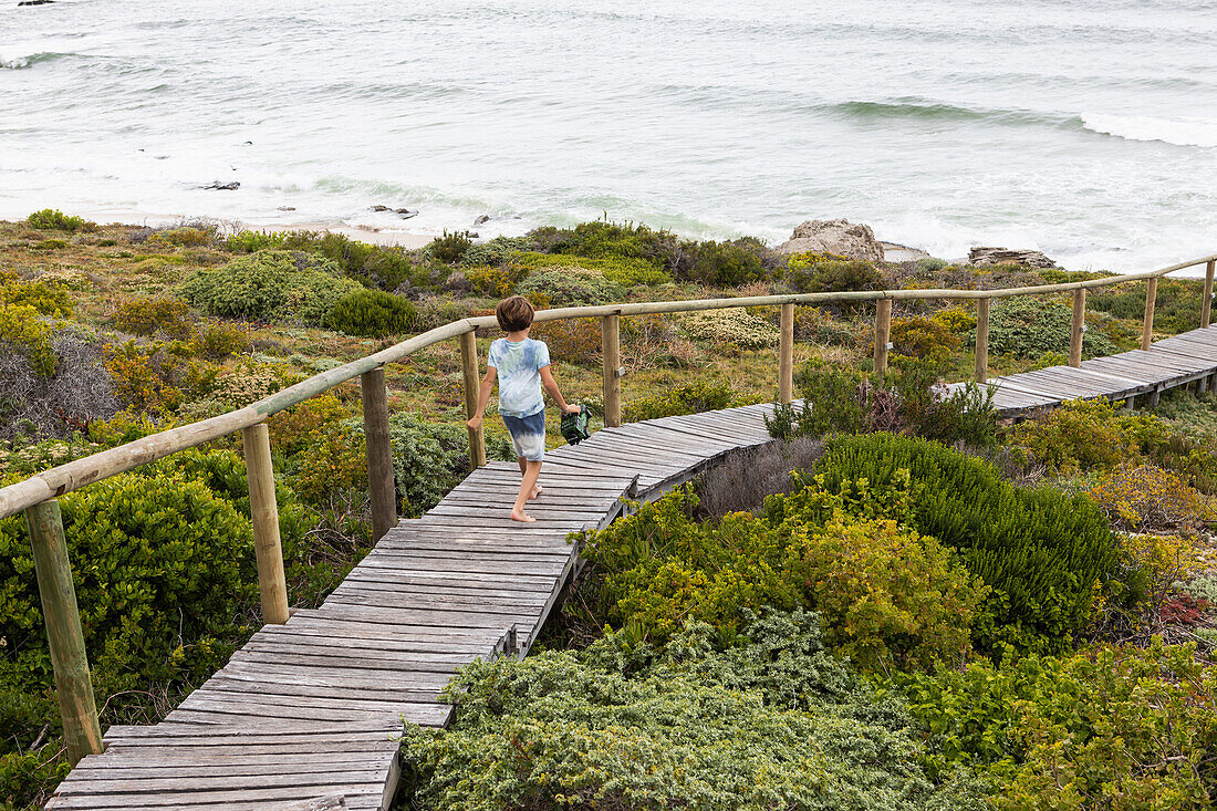 Südafrika, Westkap, Junge (8-9) läuft auf Holzbrücke im Lekkerwater Nature Reserve