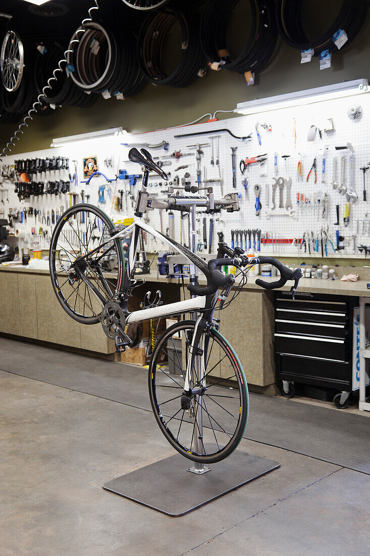 Workbench in bicycle shop