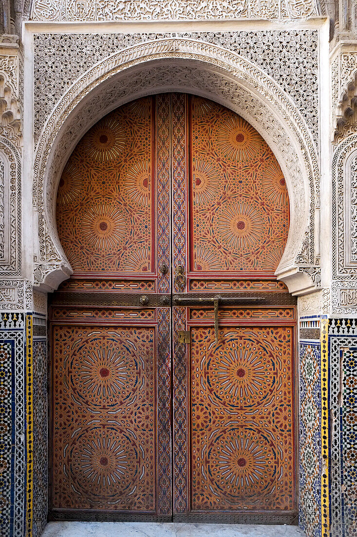 Africa, Morocco, Traditionally decorated doors and tilework of mosque