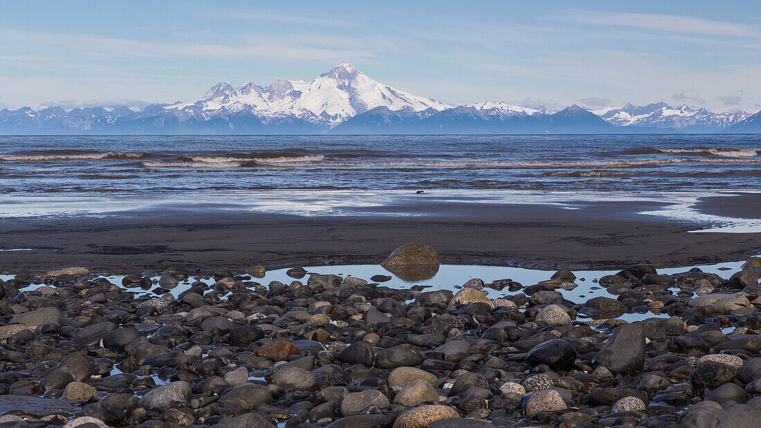 USA, Alaska, Kenai Peninsula. Seascape with Mount Redoubt and beach
