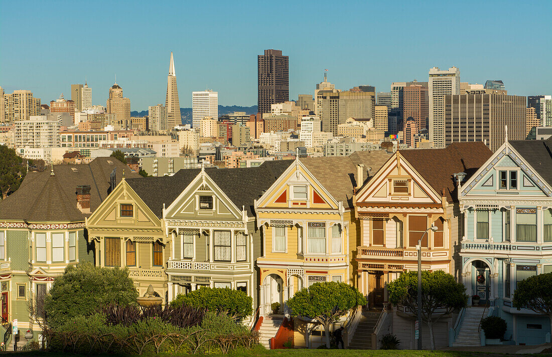 San Francisco, Kalifornien, Painted Ladies, viktorianische Häuser und Stadt im Hintergrund am Alamo Square an der Hayes Street und Steiner Street