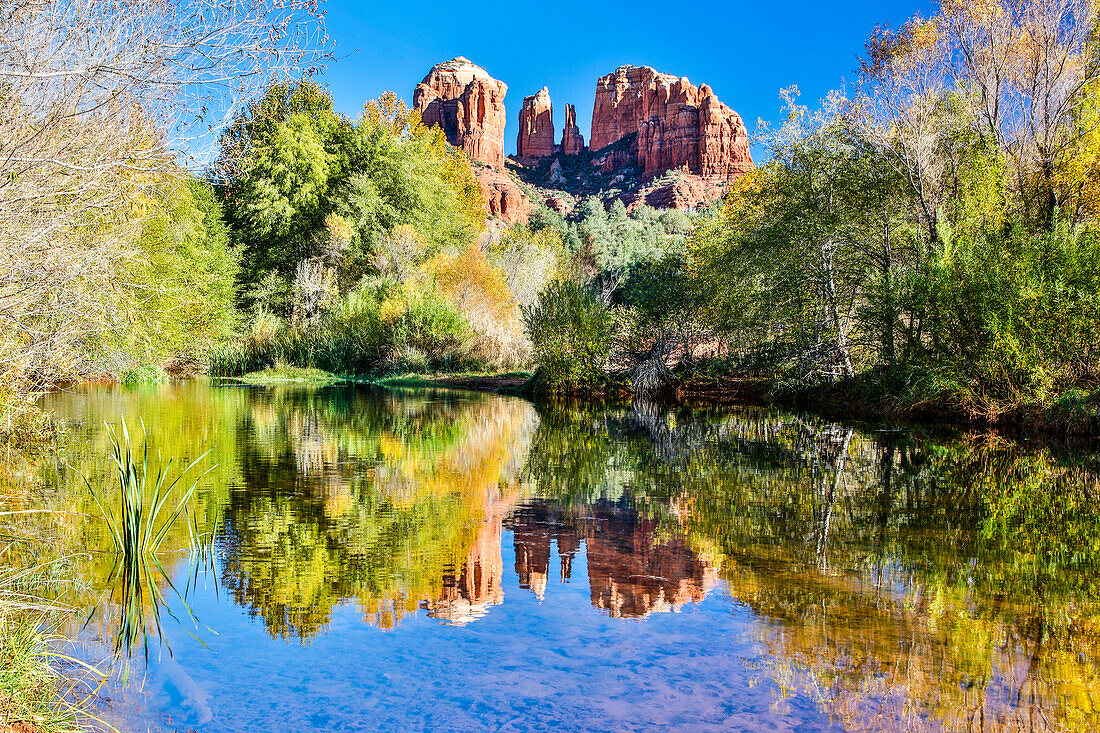 USA, Arizona, Sedona, Red Rock Crossing, Landschaft aus Felsen und Bäumen, die sich im Wasser spiegeln