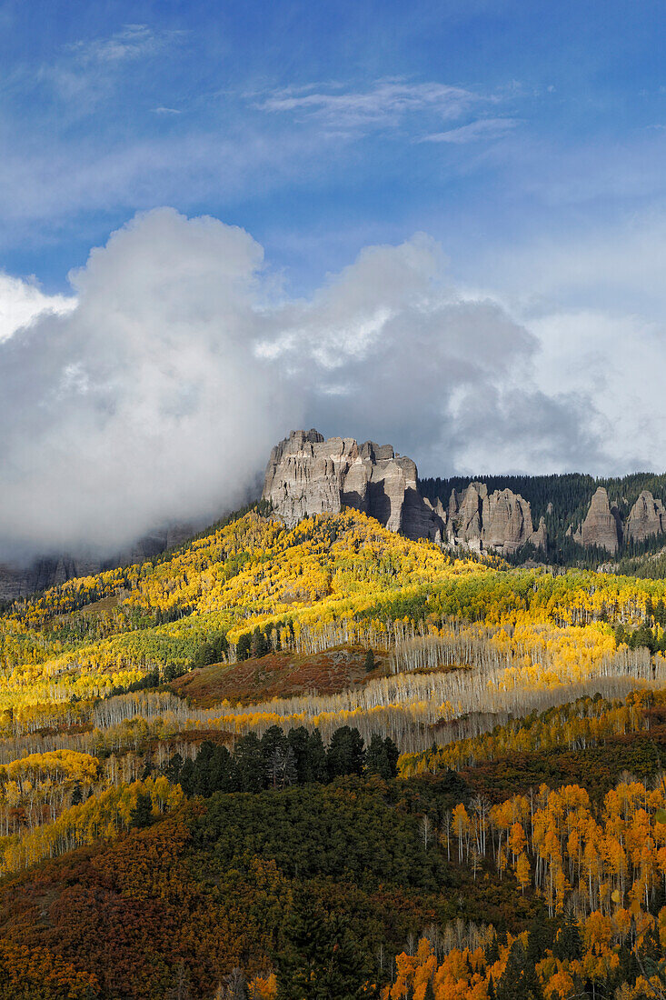 Cimarron range at sunset in autumn, San Juan Mountains, eastern Ouray County, Colorado