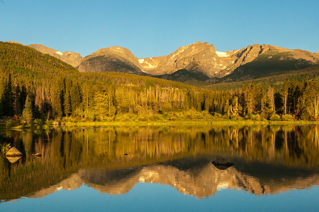 USA, Colorado, Rocky Mountain National Park. Mountain reflection in Sprague Lake