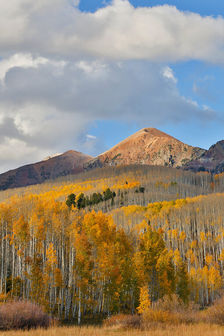 Herbst Keebler Pass, Colorado, letztes Abendlicht auf Bergkette und Espen in Herbstfarbe