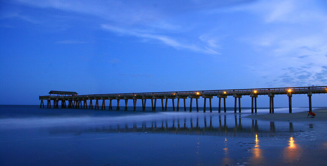 Moonlit Beach with Pier, Tybee Island, Georgia, USA