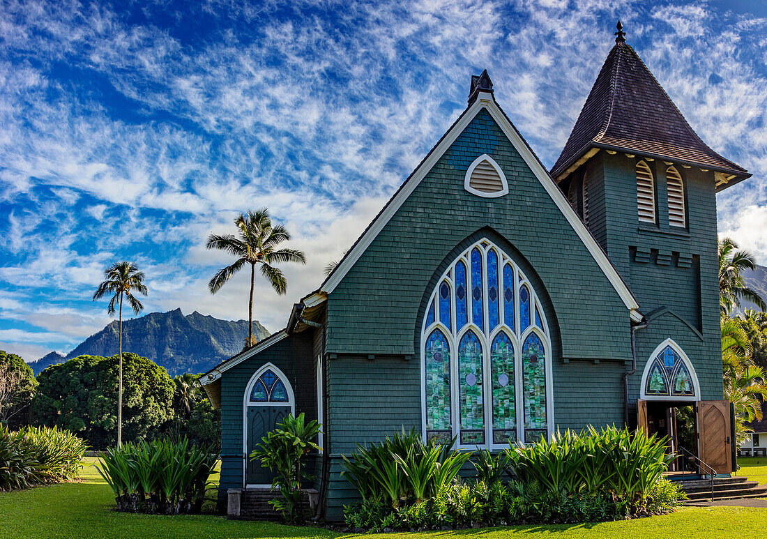 Historische Waioli Huiia Kirche in Hanalei in Kauai, Hawaii, USA