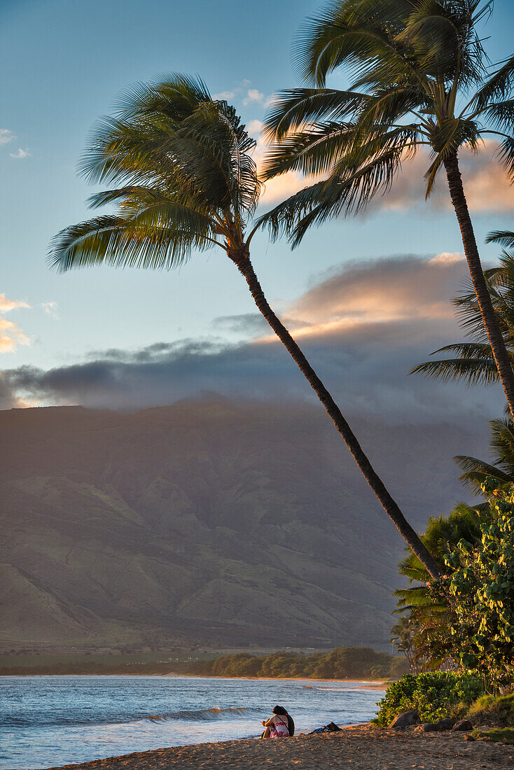 Hawaii, Maui, Kihei. Tourists walking under palm trees on Kalae Pohaku beach.