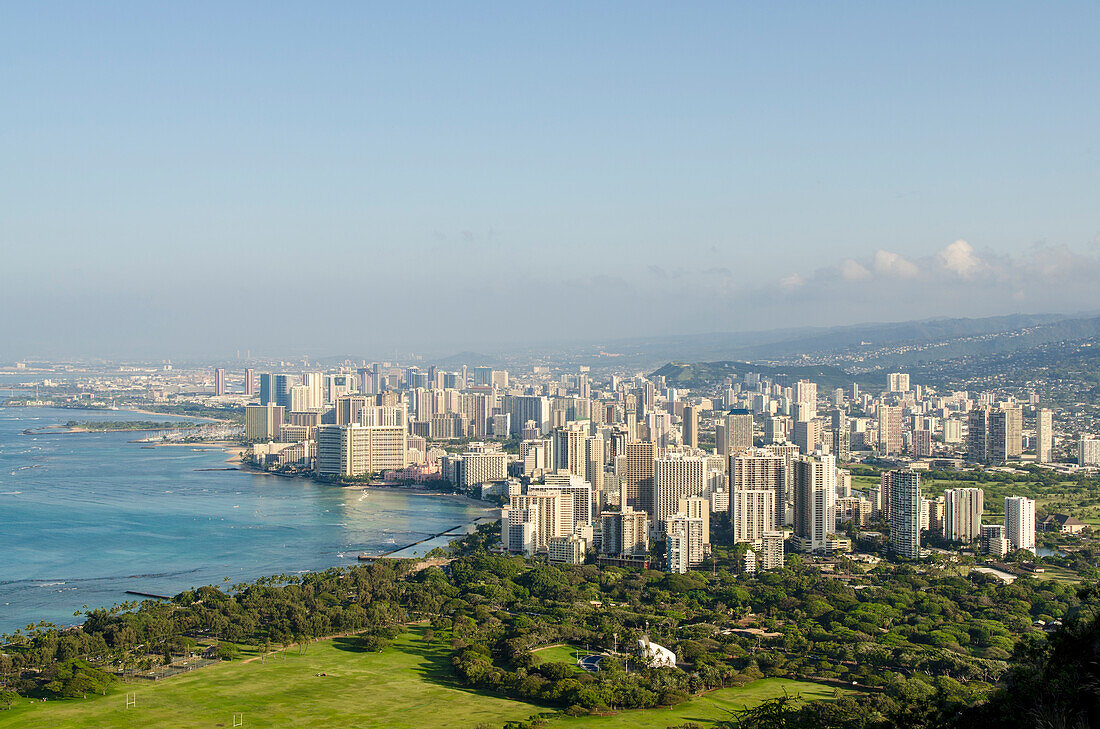 Honolulu from atop Diamond Head State Monument (Leahi Crater), Honolulu, Oahu, Hawaii.