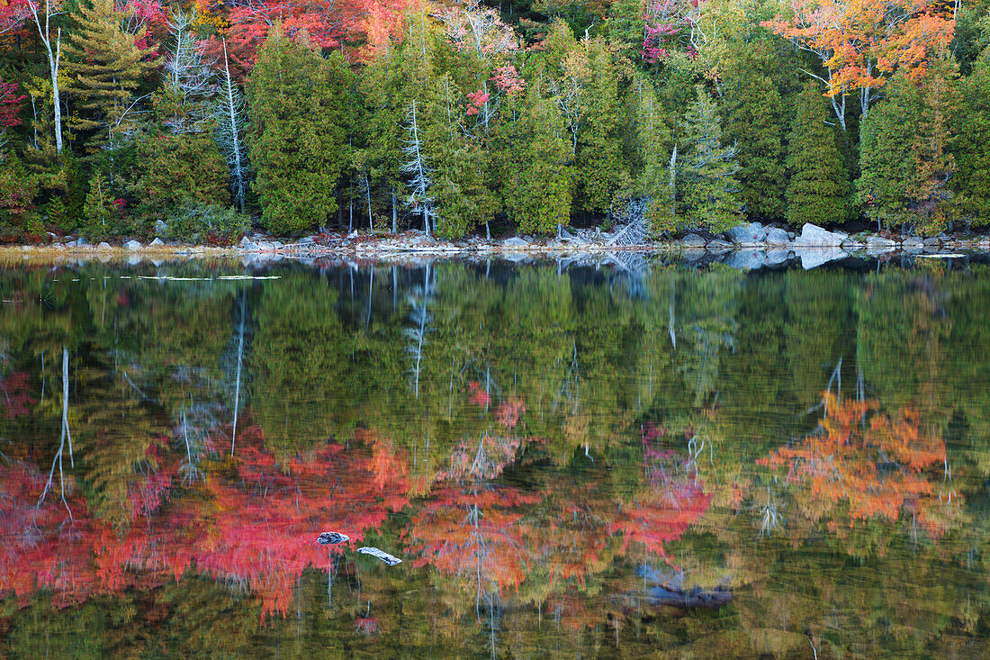 USA, Maine, Acadia National Park, Fall reflections at Bubble Pond.