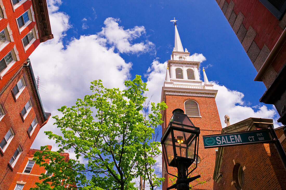 The Old North Church and gas street lamp on the Freedom Trail, Boston, Massachusetts, USA