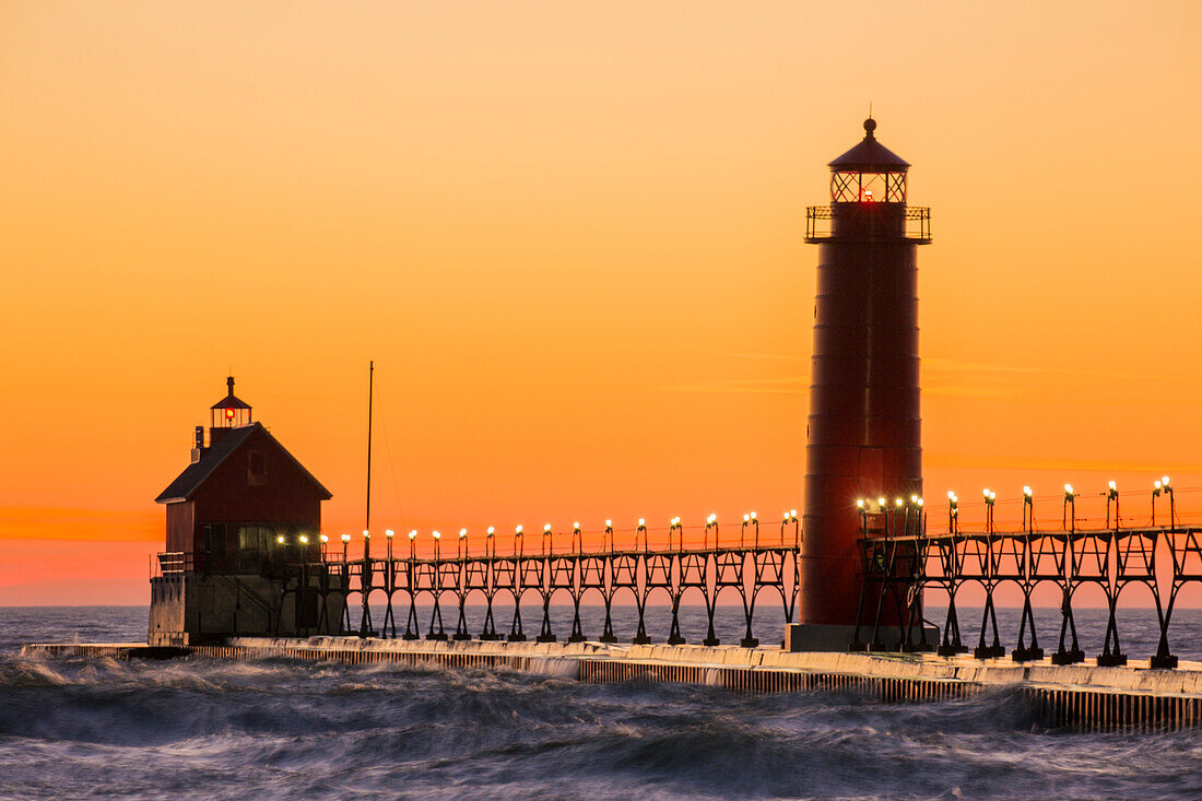 Grand Haven South Pier Lighthouse at sunset on Lake Michigan, Ottawa County, Grand Haven, Michigan