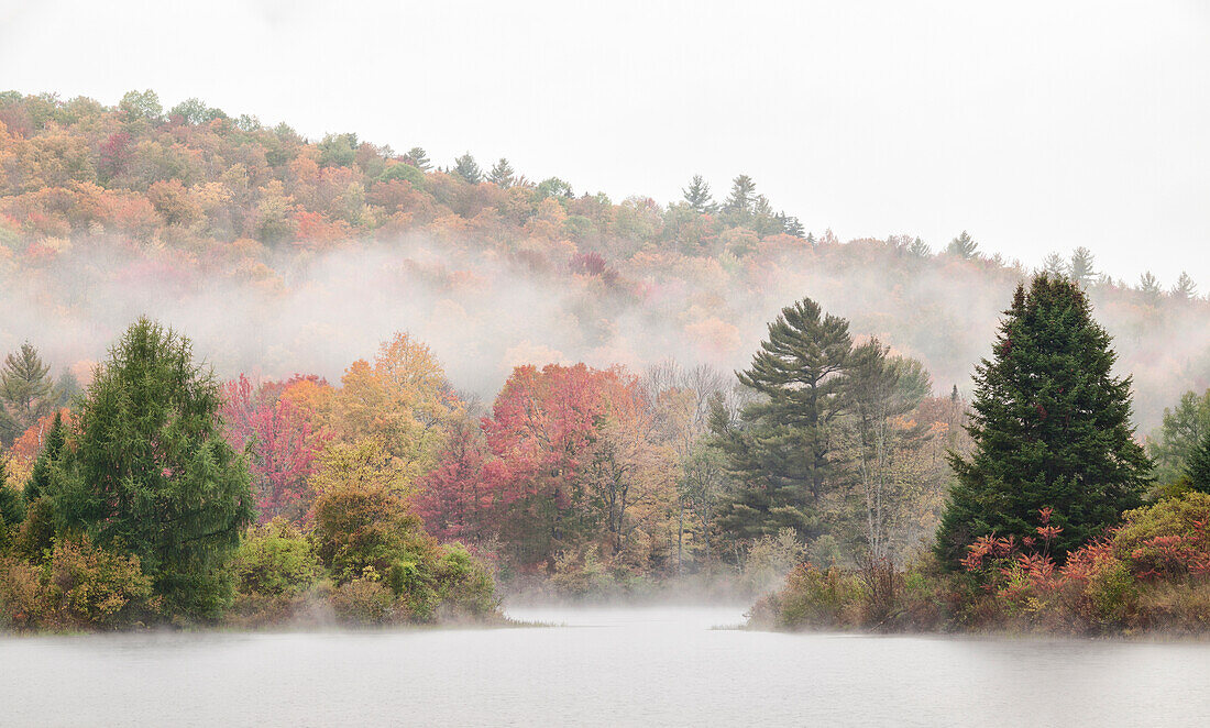 USA, New Hampshire, White Mountains, Fog drifting around Coffin Pond