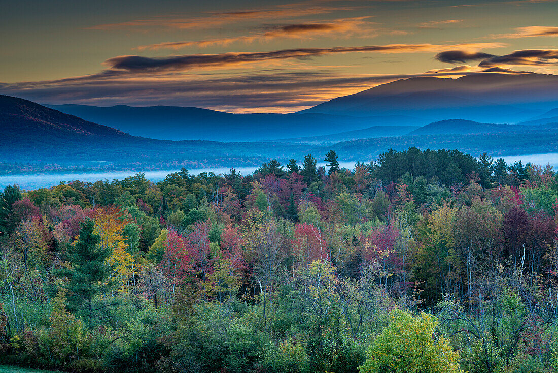 Painterly fall landscape with fog and fall foliage, Sugar Hill, White Mountains, Franconia, New Hampshire