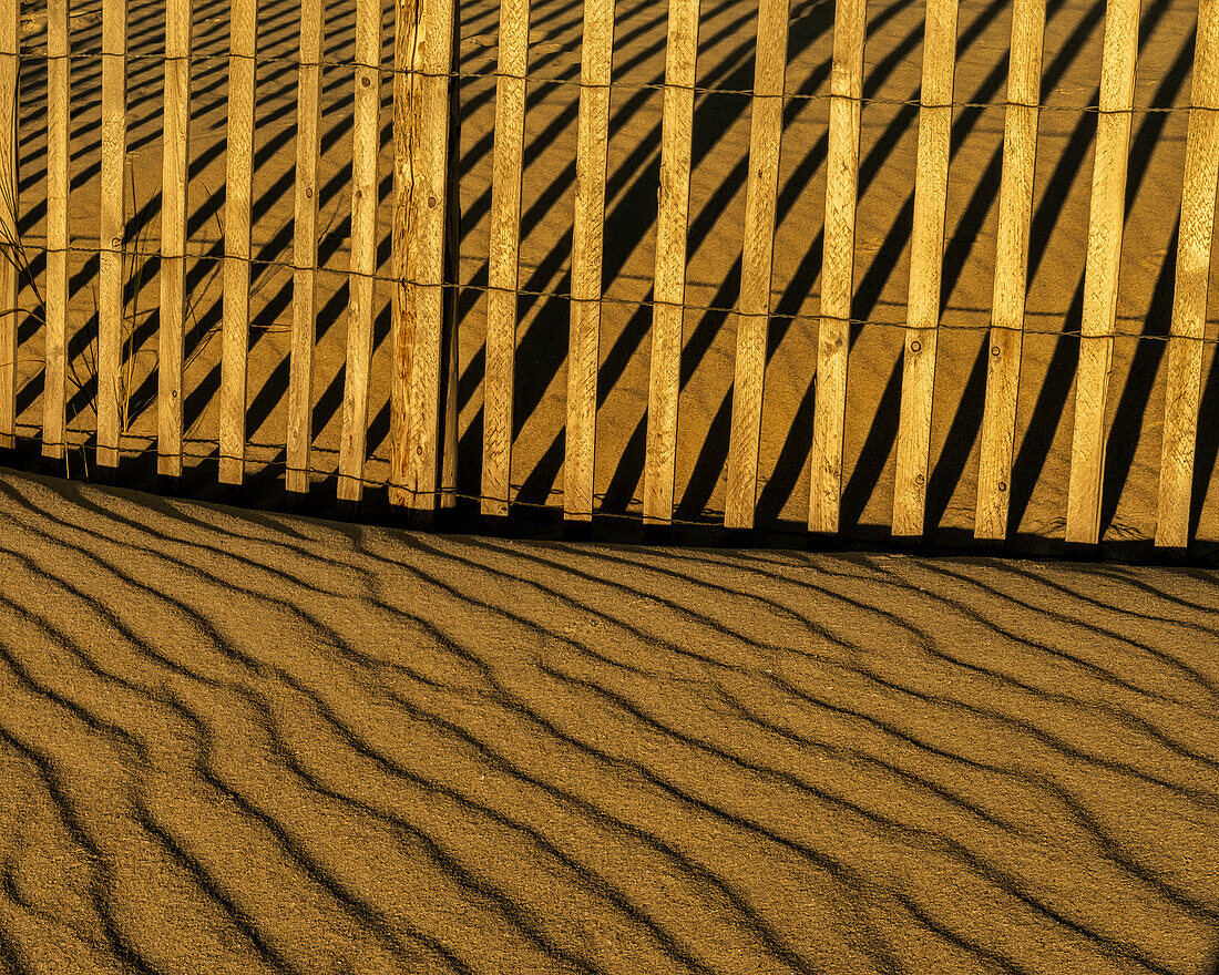 USA, New Jersey, Cape May National Seashore. Fence shadow on shore sand