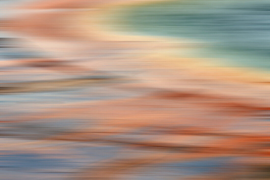Abstract blurred view of bacterial mat pattern from elevated view, Grand Prismatic Spring, Yellowstone National Park, Montana, USA