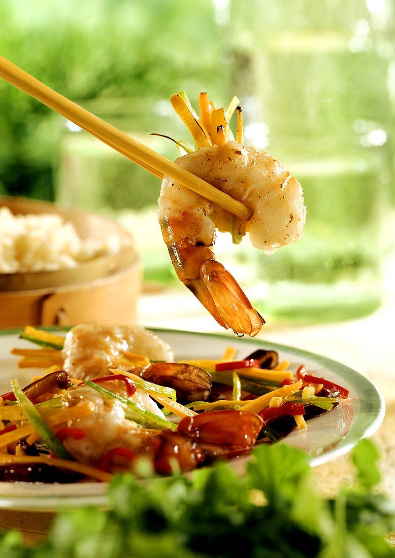 Chopsticks Holding a Shrimp
