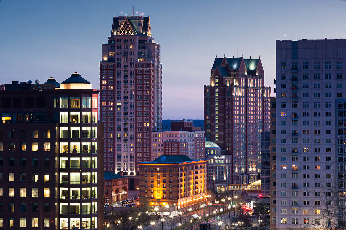 USA, Rhode Island, Providence, city skyline from Prospect Terrace Park at dusk