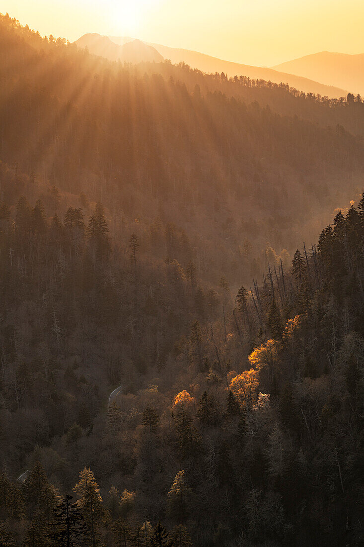 Frühlingssonnenuntergang vom Morton Overlook, Great Smoky Mountains National Park, Tennessee